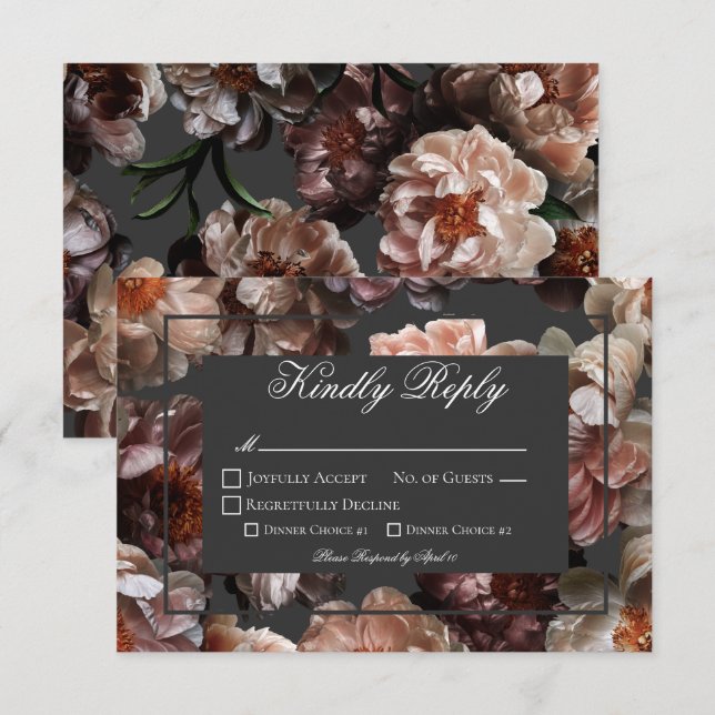 Boho Mörk Peony Flowers Modern Bröllop OSA Kort (Fram/baksida)
