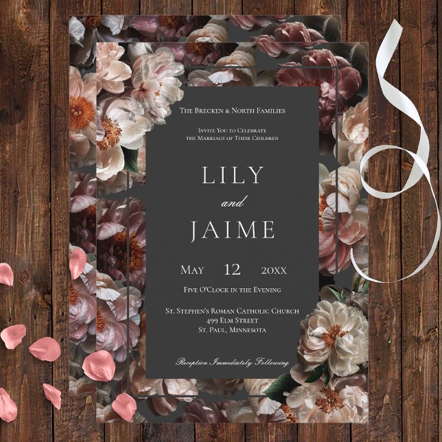 Boho Mörk Peony Flowers Modern bröllopsinbjudan Inbjudningar (Skapare uppladdad)