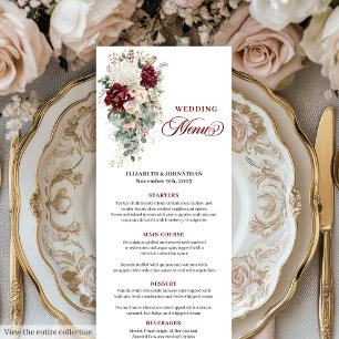 Boho mörk Red white guld blommigt bröllop menykort Meny