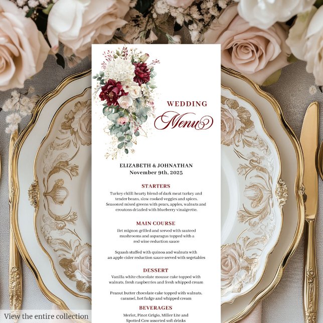 Boho mörk Red white guld blommigt bröllop menykort Meny (Boho dark red white gold floral wedding menu card

)