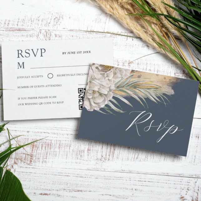 Boho Mörkblå Akvarell Blommig RSVP OSA Kort (Skapare uppladdad)