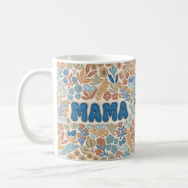 Boho Mörkblå Mama Blommönster Mors Dag Kaffemugg (Vänster)