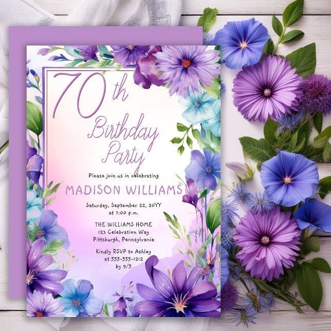 Boho Morning Glories Blommig 70-årsfest Inbjudningar (Elegant Boho Aster | Morning Glories Floral 70th Birthday Party Invitation Print | Digital Download)