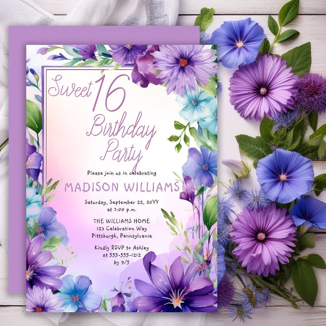 Boho Morning Glories Sweet 16 Födelsedagsfest Inbjudningar (Elegant Boho Aster | Morning Glories Floral Sweet 16 Birthday Party Invitation Print | Digital )