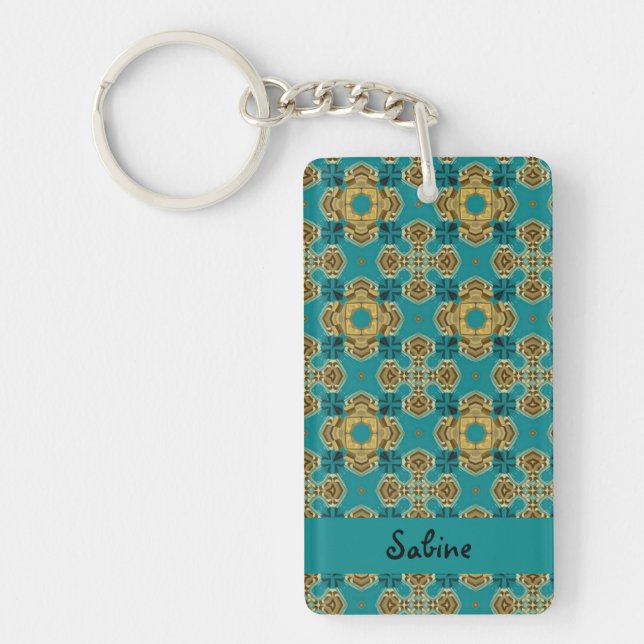 Boho Moroccan Tile Blue och Guld Acrylic Keychain (Framsidan)