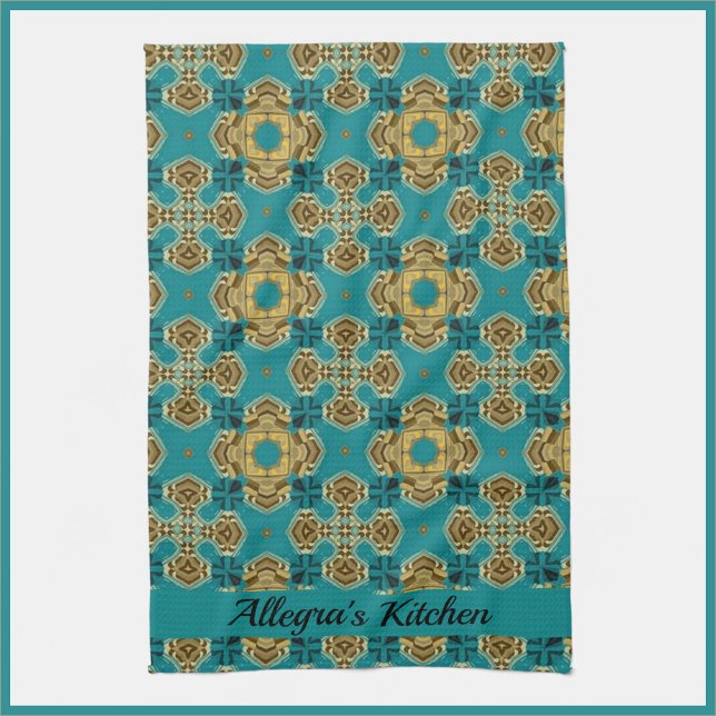 Boho Moroccan Tile Blue och Guld Kökshandduk (Bookmark my store! https://www.zazzle.com/store/capricepetit)