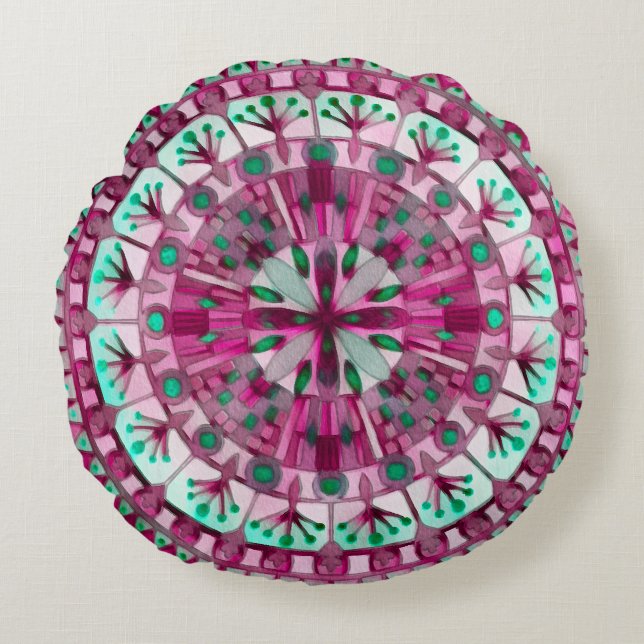 Boho Mosaic Tile Rosa Berry - Rund Kudde (Framsidan)