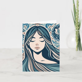 Boho Mosaic Woman Porträtt med Blommigt Blue Art Kort