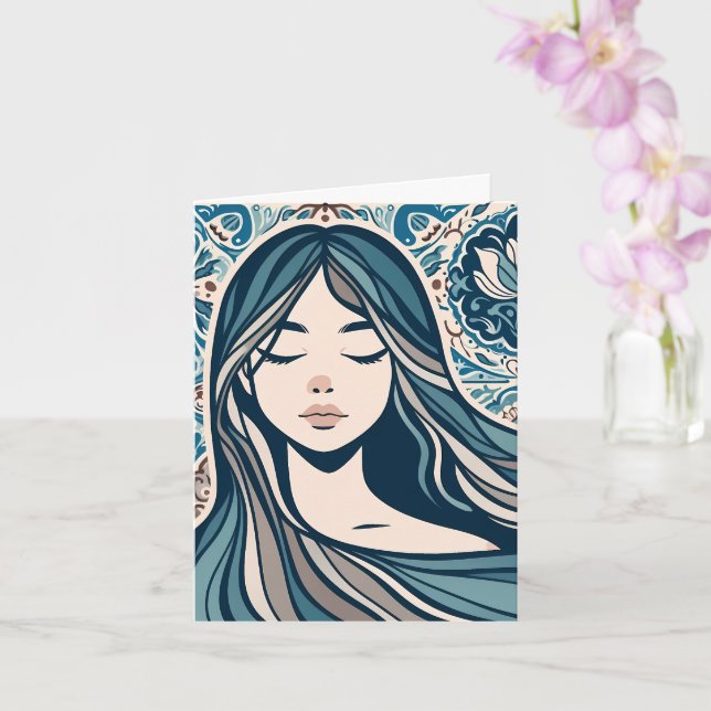 Boho Mosaic Woman Porträtt med Blommigt Blue Art Kort (Orkide)