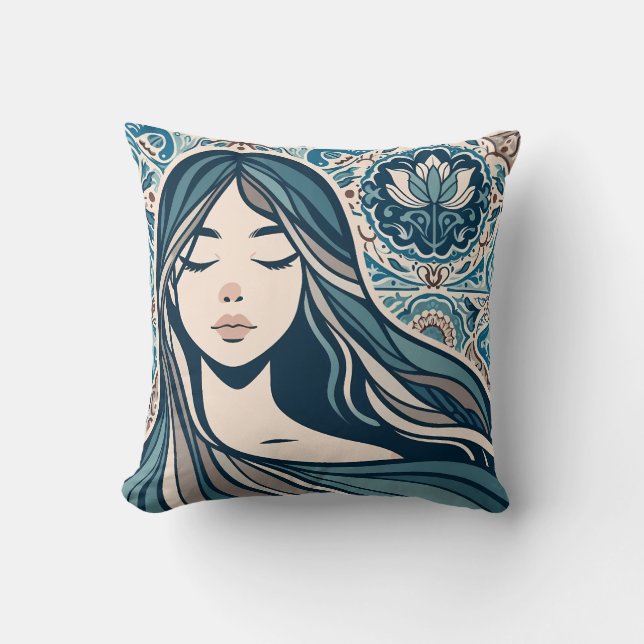 Boho Mosaic Woman Porträtt med Blommigt Blue Art Kudde (Framsida)