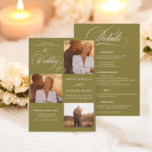 Boho mossig grön allt-i-ett manus foton bröllop  inbjudningar (Boho mossy green all in one script photos wedding invitation)