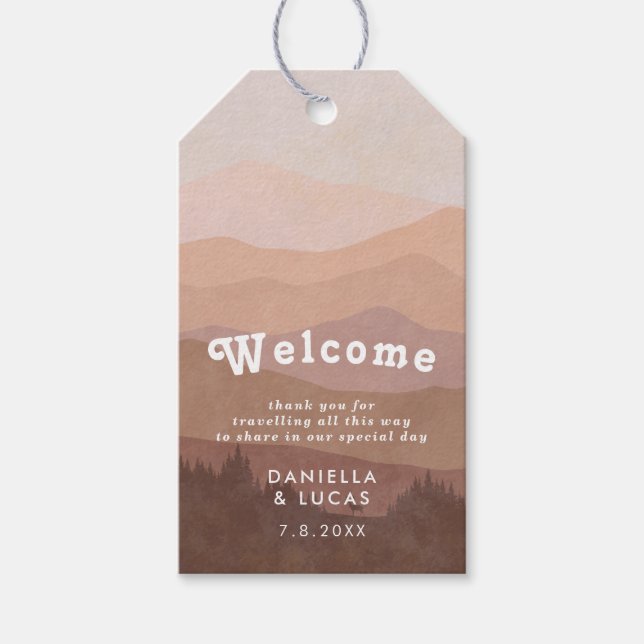 Boho Mountains Retro Rosa Bröllop Välkommen Presentetikett (Framsidan)
