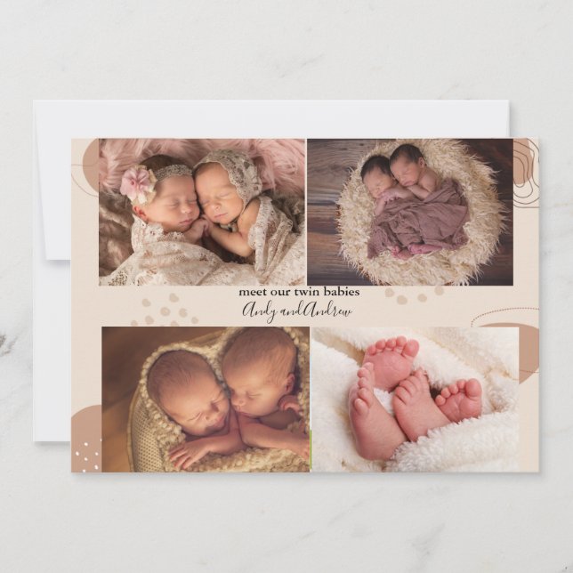 Boho Multi Photo Twin Baby Birth Notice Inbjudningar (Framsida)