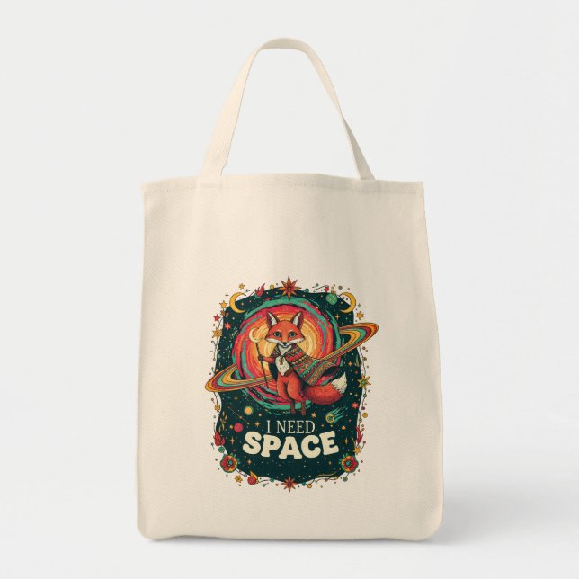 Boho Multicolor Cosmic Fox I Need Space Retro Tygkasse (Framsidan)