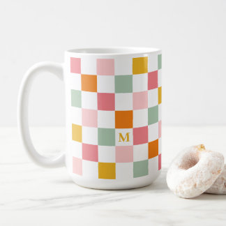 Boho Multifärgad Checkerboard Monogram Kaffemugg