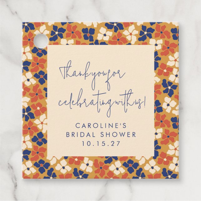 Boho Mustard Blue Blommigt Möhippa Tack Gåvor Etiketter (Framsida)