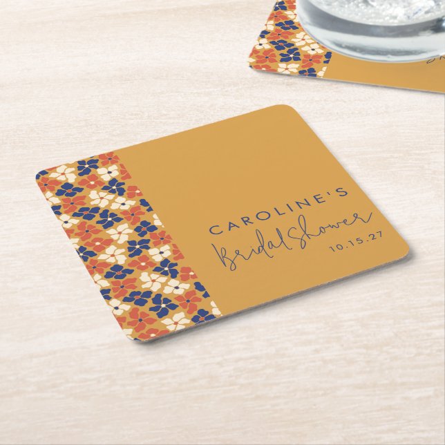 Boho Mustard Blue Botanical Möhippa Anpassningsbar Underlägg Papper Kvadrat (Vinklad)