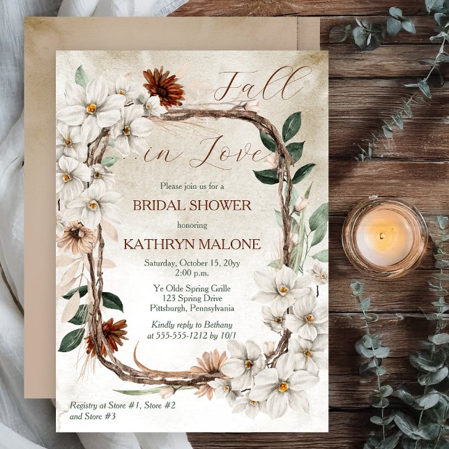 Boho Muted Fall Blommigt Fall in Kärlek Möhippa Inbjudningar (Boho Muted Fall Floral and Grapevine Wreath "Fall in Love" Bridal Shower Invitation -Print | Digital)