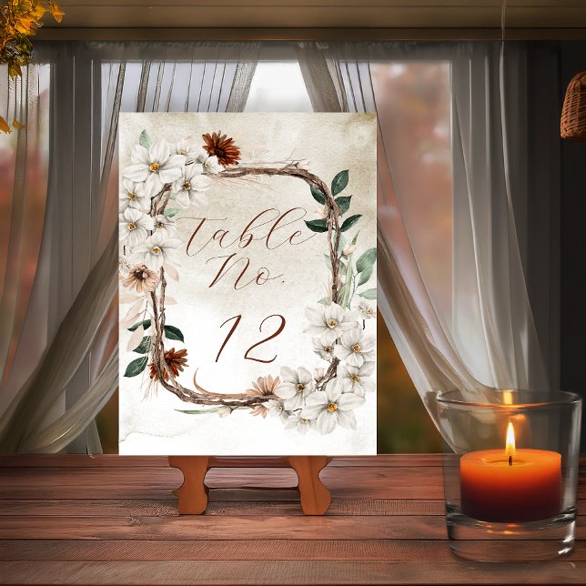 Boho Muted Fall Blommigt Möhippa Cards and Gifts Bordsnummer (Boho Muted Fall Floral and Grapevine Wreath "Fall in Love" Bridal Shower Collection - Table Numbers)