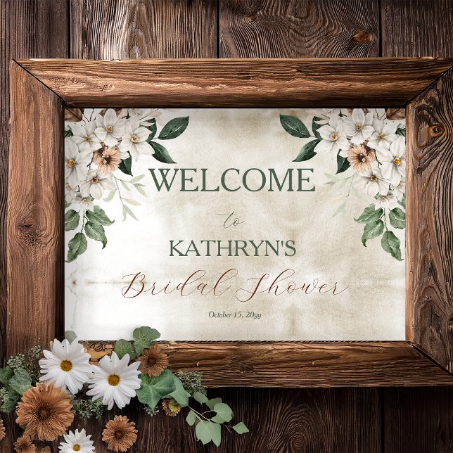 Boho Muted Fall Blommigt Möhippa Poster (Boho Muted Fall Floral and Grapevine Wreath "Fall in Love" Bridal Shower Welcome Poster)