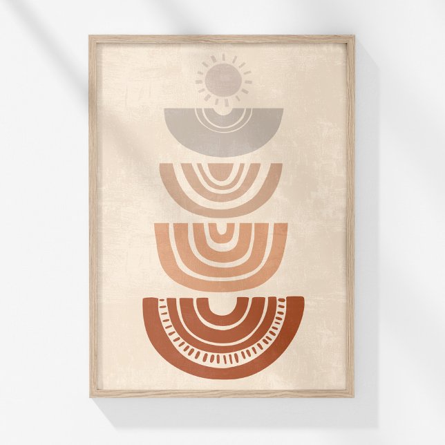 Boho Muted Neutralt Abstrakt Sol och Shapes Art Poster (Boho Muted Neutral Abstract Sun and Shapes Art Poster in a wooden frame on a sunny white wall.)