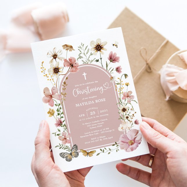 Boho Muted  Wildbloms Meadow Christening Inbjudningar (Skapare uppladdad)