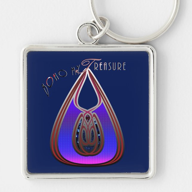 Boho My Treasure Fyrkantig Silverfärgad Nyckelring (Framsidan)