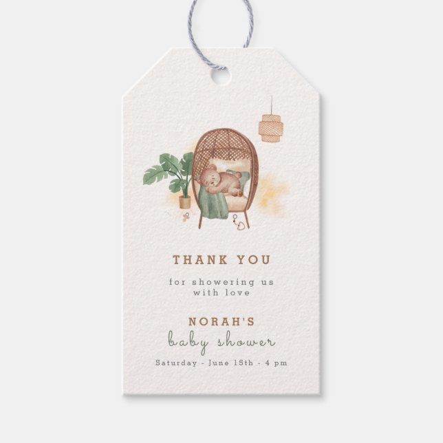 Boho Mysig Teddybjörn Sova Baby Shower Tack Presentetikett (Framsidan)
