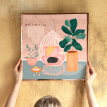 Boho mysigt levande rumsdekalvplanta och katt poster<br><div class="desc">Boho mysigt,  levande rumsdekoration och kattillustration med en rustisk söt svängstol,  en makramevägg hängande.</div>