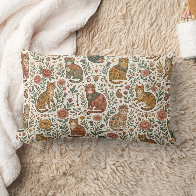 Boho Mystiska Katter och Vildblomsterträdgård  Lumbarkudde (Filt)