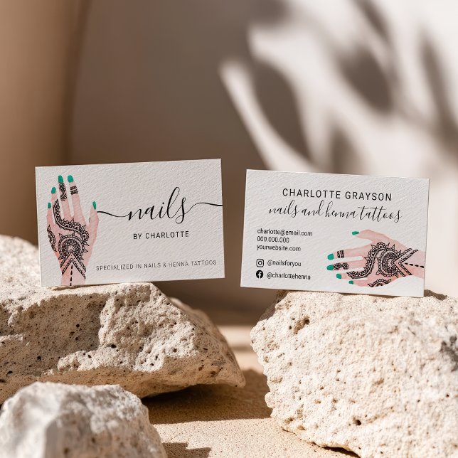 Boho nagel grönt henna tattoos illustration visitkort (Boho nails green henna tattoos illustration business card)