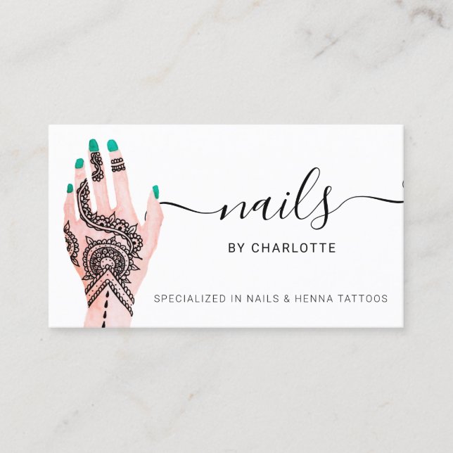 Boho nagel grönt henna tattoos illustration visitkort (Framsida)