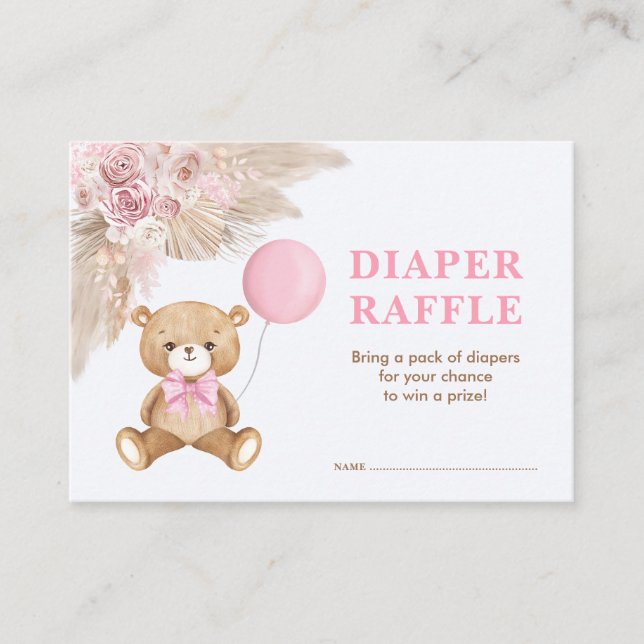 Boho Nalle Baby Rosa Ballon Diaper Raffle Tilläggskort (Framsida)