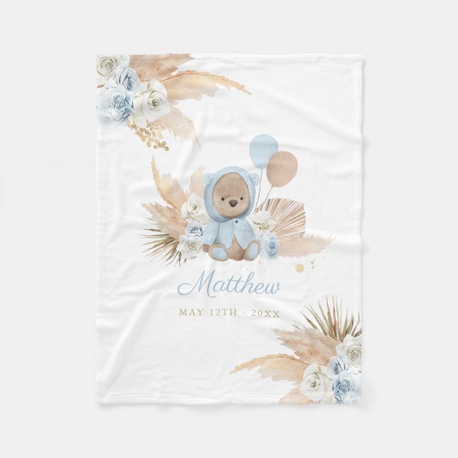 Boho Nalle Baby Shower Gift Boy Blue Bear Fleecefilt (Framsidan)