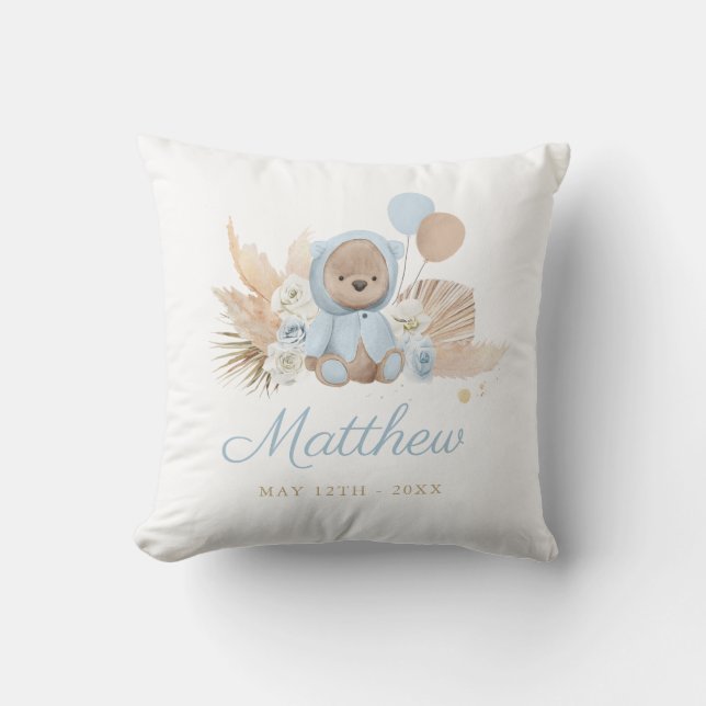 Boho Nalle Baby Shower Gift Boy Blue Bear Kudde (Framsida)