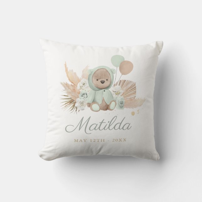 Boho Nalle Baby Shower Gift Sage Grönt Kudde (Framsida)