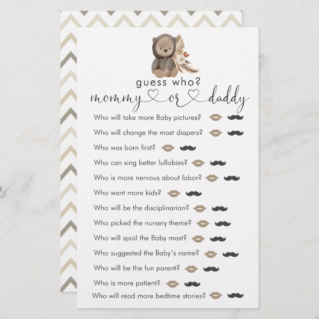 Boho Nalle Baby Shower gissar vem som spelar (Fram/baksida)