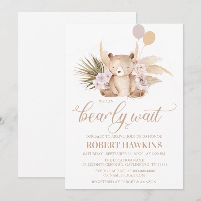 Boho Nalle Baby Shower-inbjudan Inbjudningar (Fram/baksida)