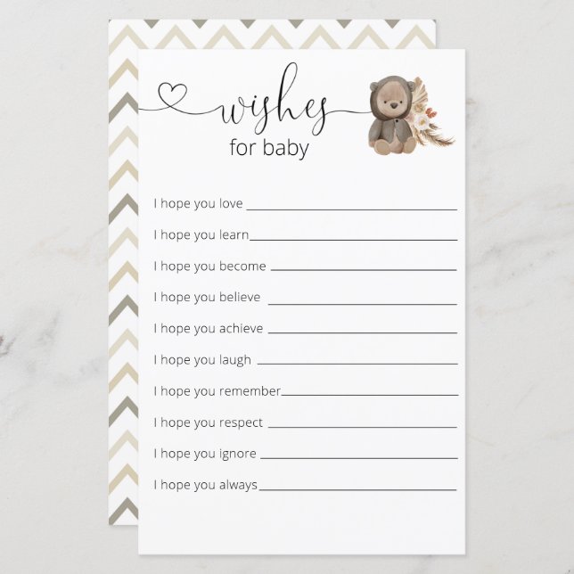 Boho Nalle Baby Shower Önskemål för Baby (Fram/baksida)