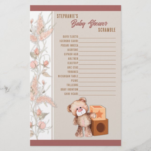 Boho Nalle Baby Shower Scramble Game Brevpapper (Framsida)