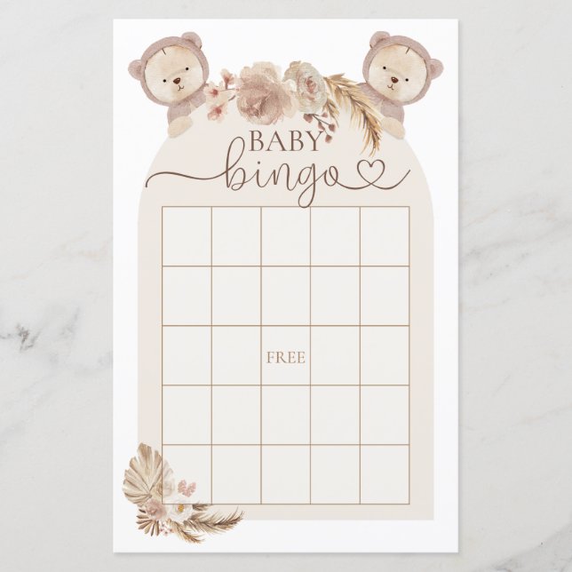 Boho Nalle Bingo Baby Shower-spel (Framsida)