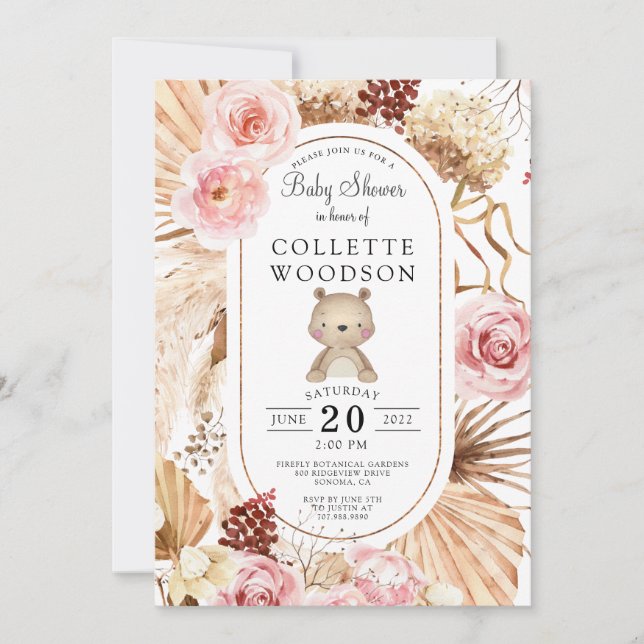 Boho Nalle Blommigt Rosa & Palmetto Baby Shower Inbjudningar (Framsida)