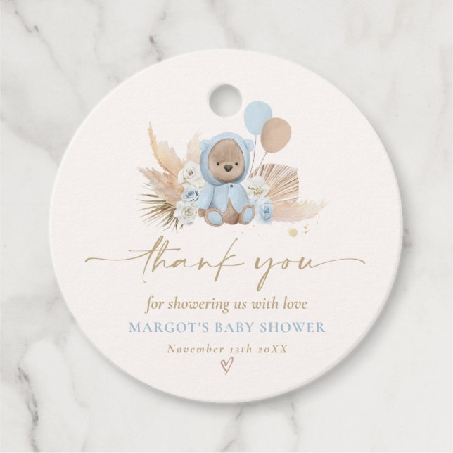 Boho Nalle Blue Barly Wait Baby Shower Gåvor Etiketter (Framsida)