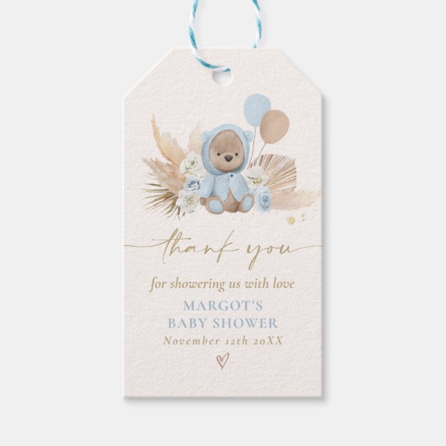 Boho Nalle Blue Barly Wait Baby Shower Presentetikett (Framsidan)