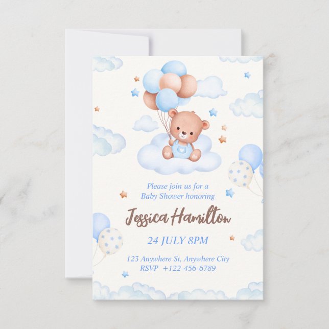 Boho Nalle Boy Blue Baby Shower-inbjudan Inbjudningar (Framsida)