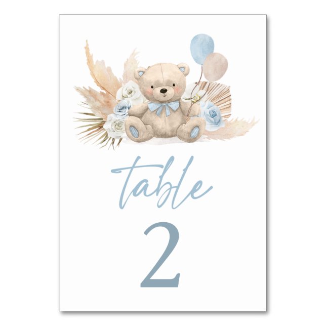 Boho Nalle Boy Blue Barly Wait Baby Shower Bordsnummer (Framsidan)