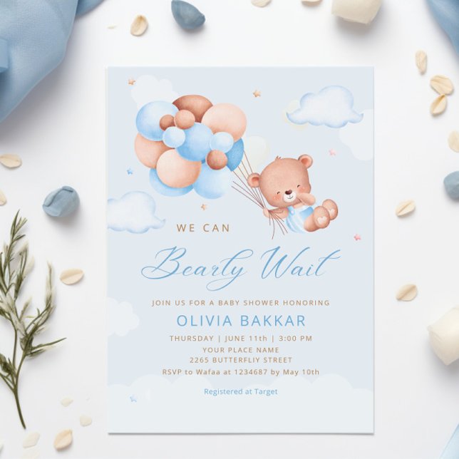 Boho Nalle Boy Blue Barly Wait Baby Shower I Inbjudningar (Skapare uppladdad)