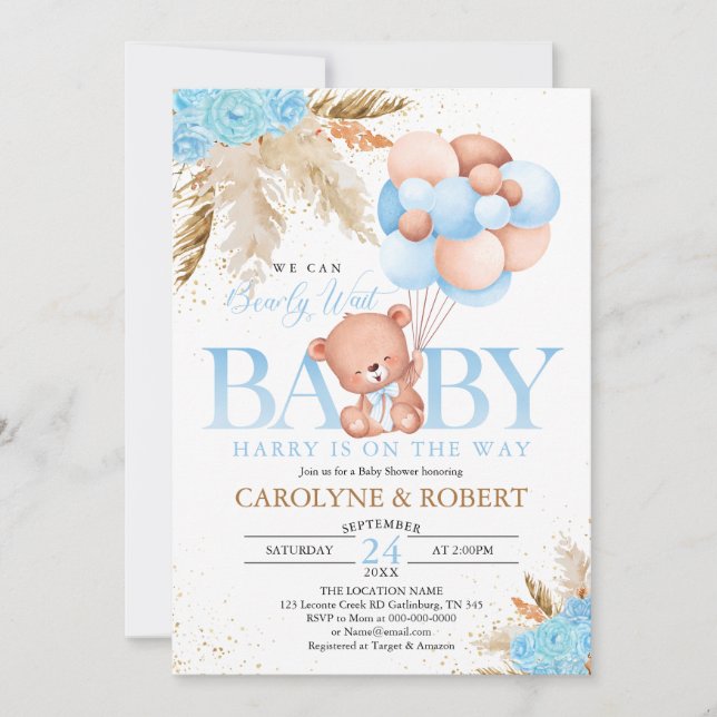 Boho Nalle Boy Blue Barly Wait Baby Shower Inbjudningar (Framsida)