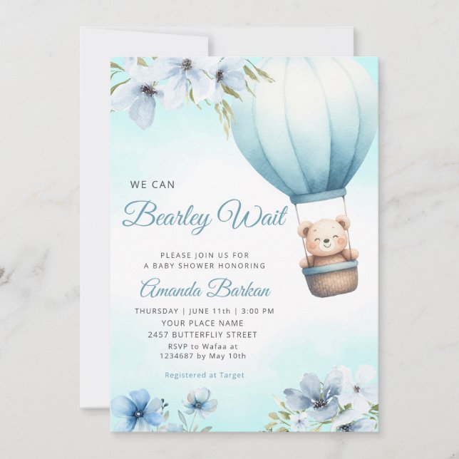 Boho Nalle Boy Blue Barly Wait Baby Shower Inbjudningar (Framsida)
