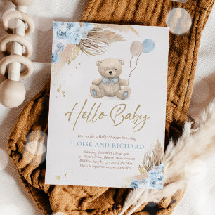 Boho Nalle Boy Blue Barly Wait Baby Shower Inbjudningar